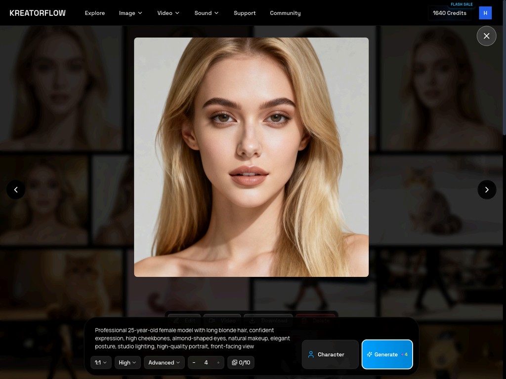 Image viewer displaying generated portrait with download button highlighted