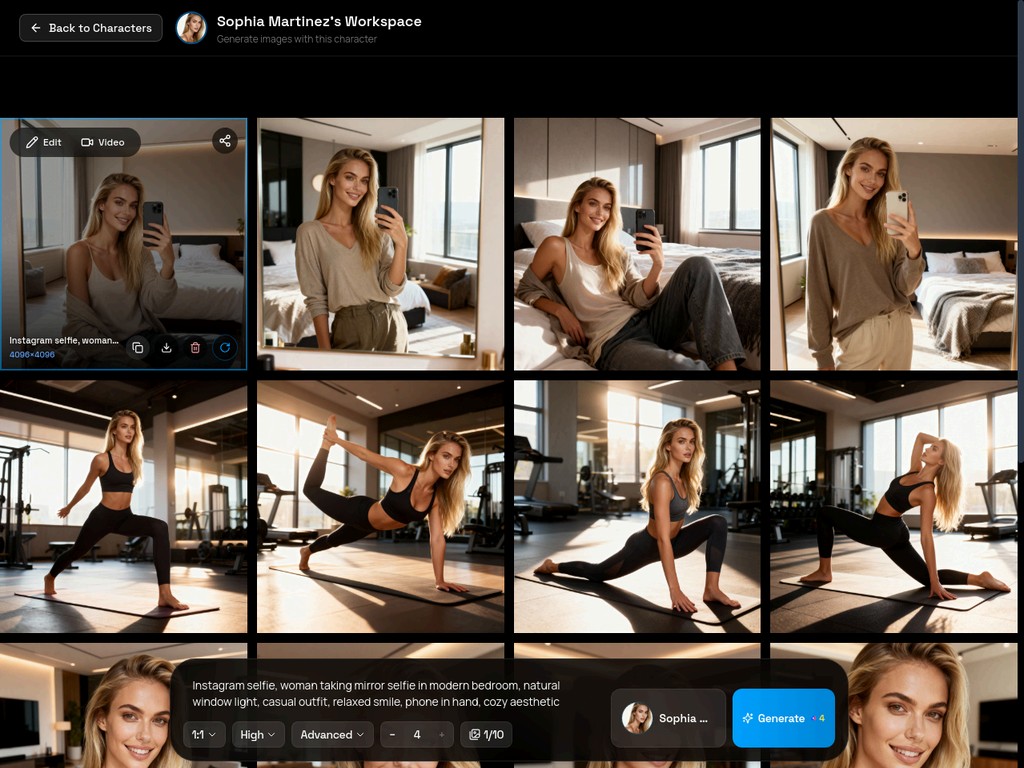 Character workspace interface with prompt input and generation controls