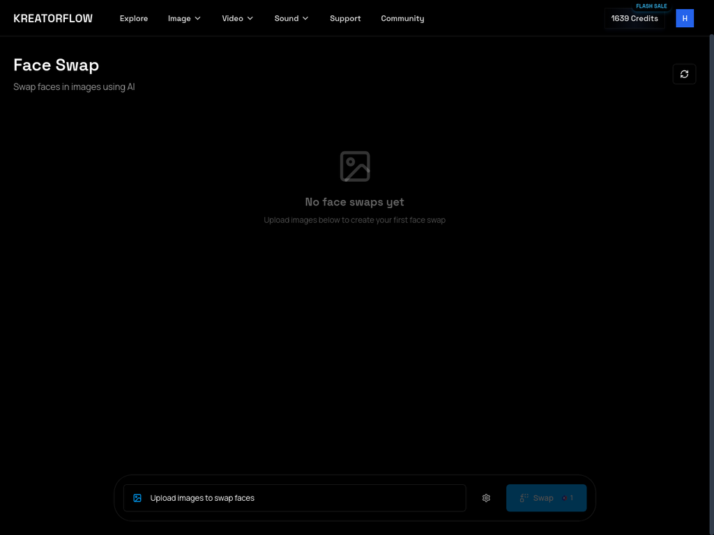 The Face Swap page where you'll upload your source and target images