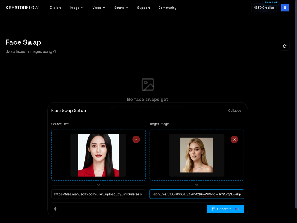 Example showing two distinctly different faces: Asian woman with black hair (source) and blonde woman (target)