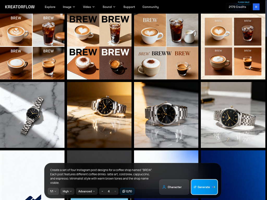Dashboard showing four cohesive coffee drinks with BREW branding