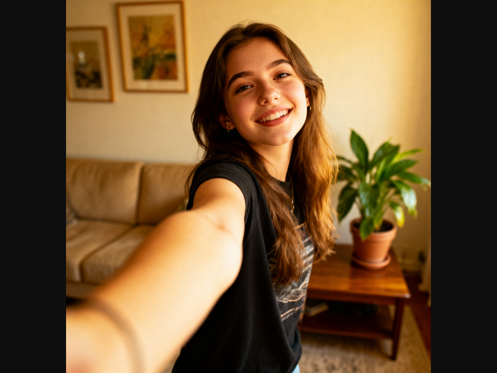 Clean single selfie showing young woman in casual living room