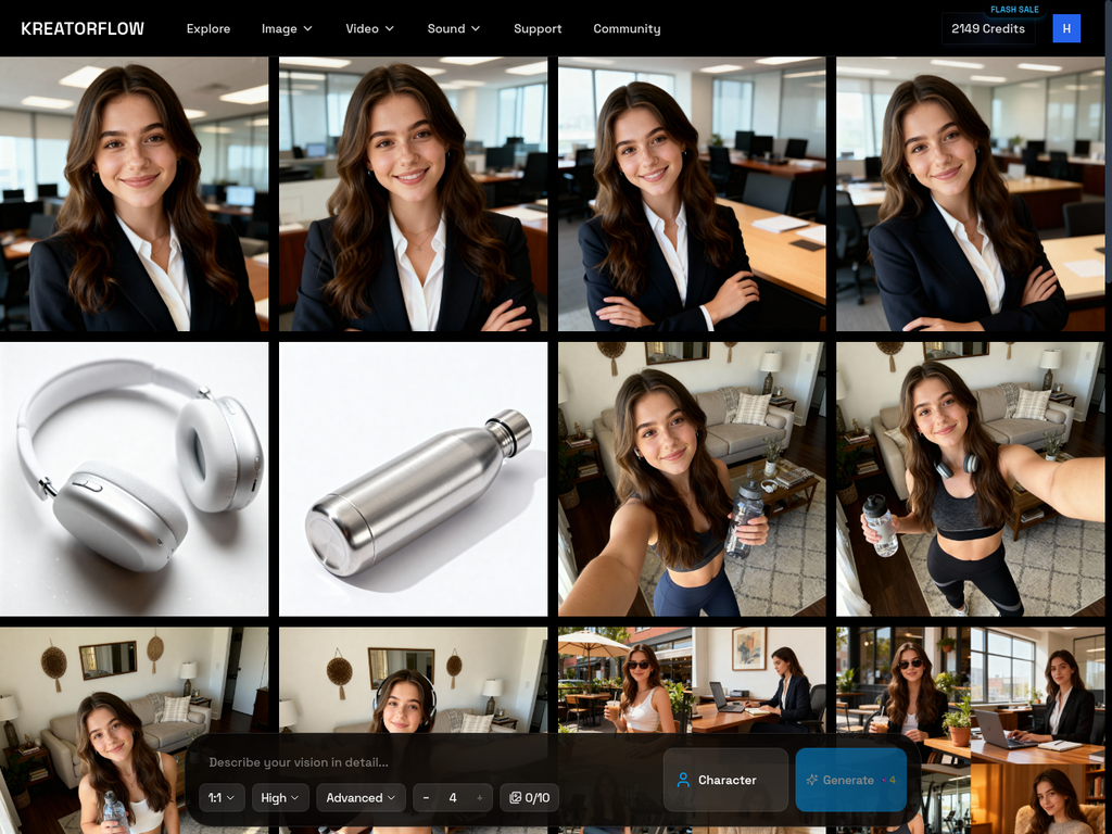 Dashboard showing four business headshot variations maintaining character consistency
