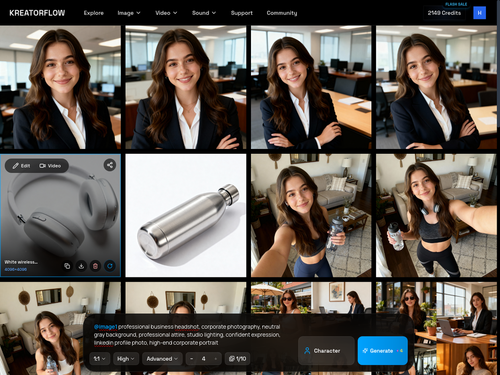 Prompt input showing @image1 professional business headshot with syntax highlighted