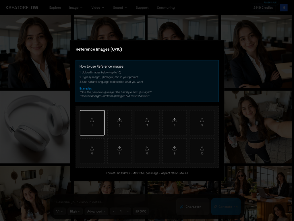 Reference images upload modal showing 10 available slots and usage instructions