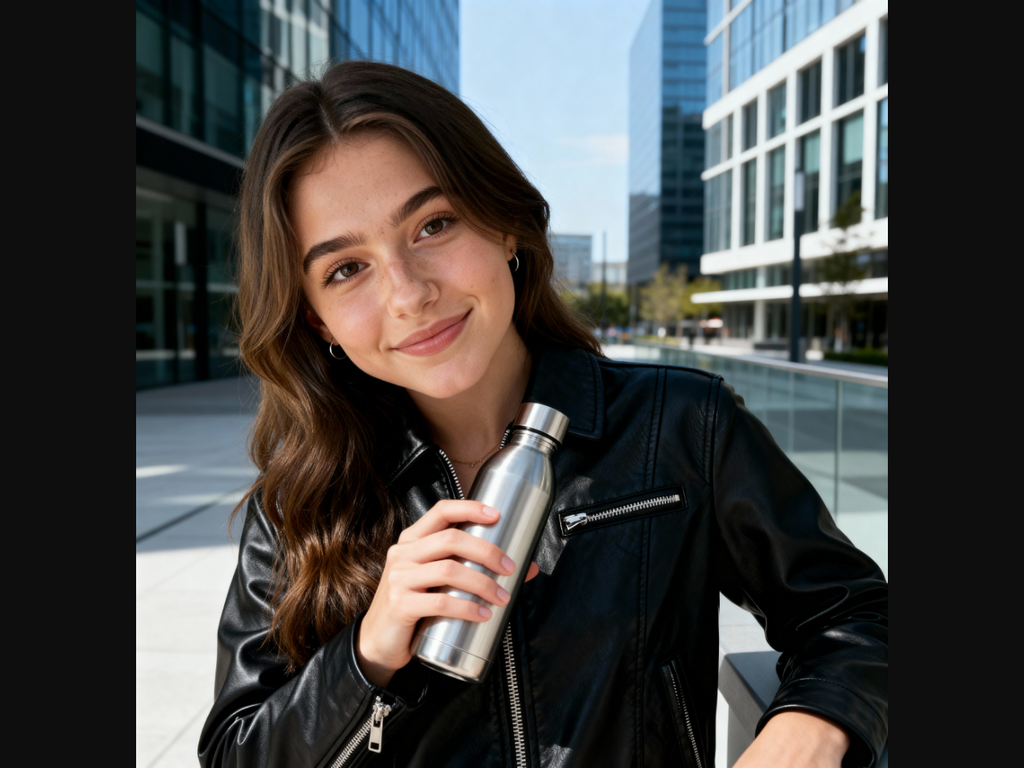 Clean urban lifestyle photo showing person in leather jacket holding water bottle