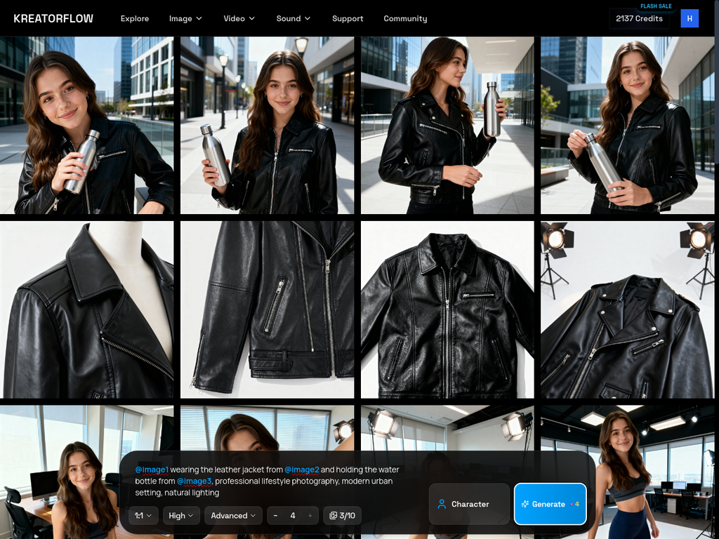 Dashboard showing four lifestyle photos combining model, jacket, and water bottle