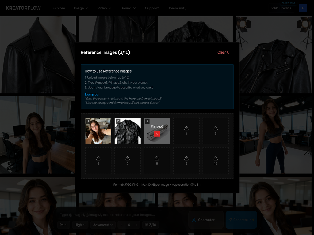 Reference modal showing three uploaded images in slots 1, 2, and 3