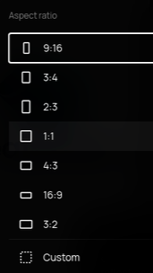 Aspect ratio dropdown showing all 8 available options