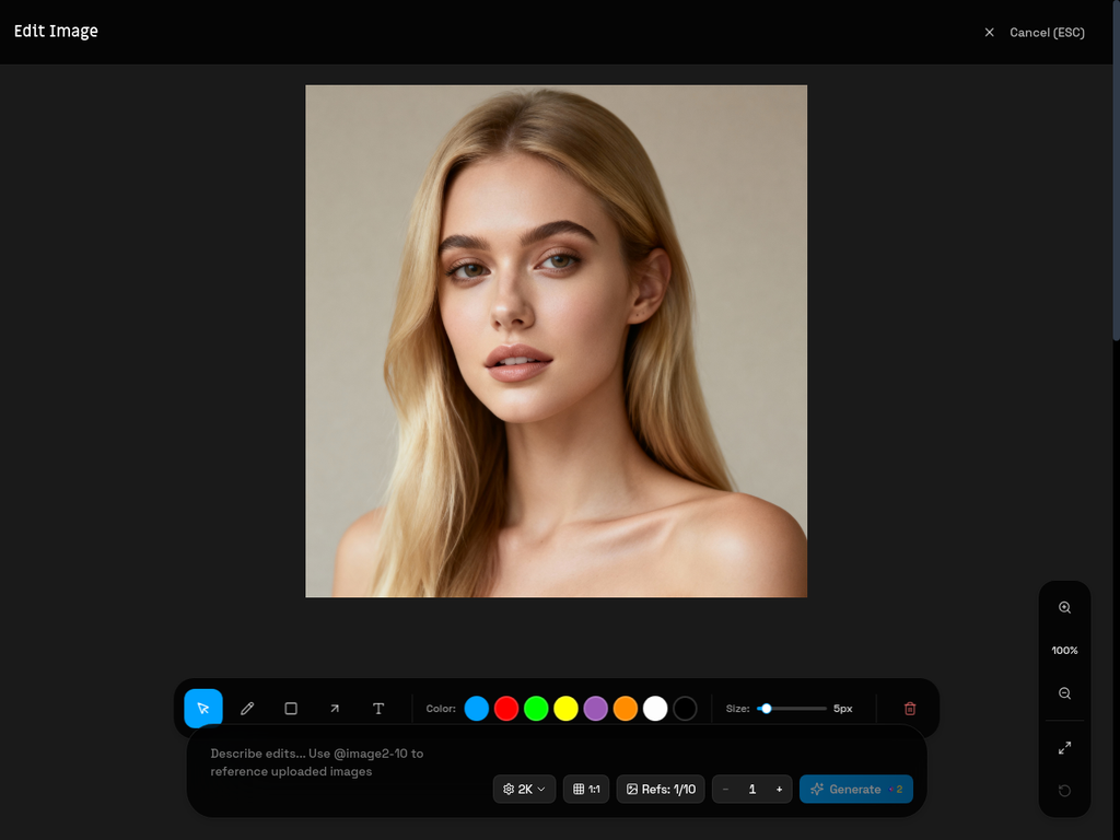 Edit Tool interface showing canvas, drawing tools, color palette, prompt field, and controls