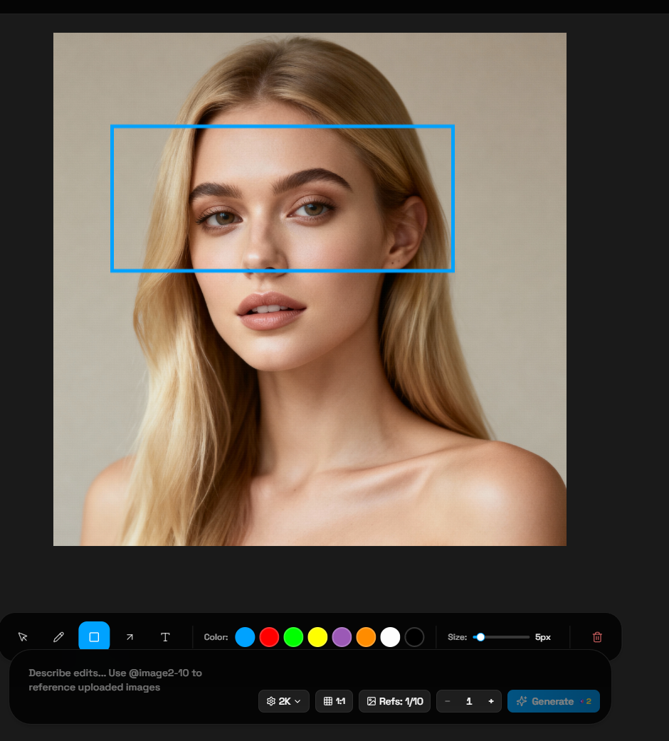 Portrait with blue box marking around the eye area for adding sunglasses