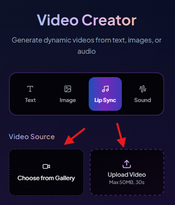 Video selection interface showing upload and generated video options