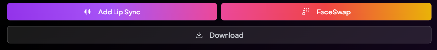 Video completion options showing download, lip sync, and face swap choices
