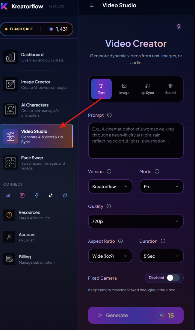 Video Studio navigation showing where to access the video creation interface