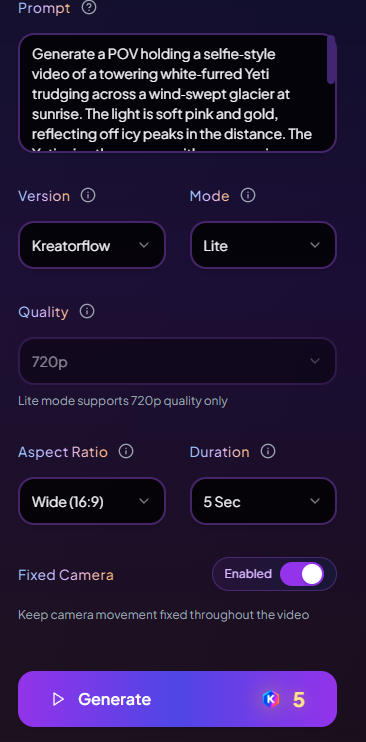 Prompt text box interface showing where to enter video descriptions and settings