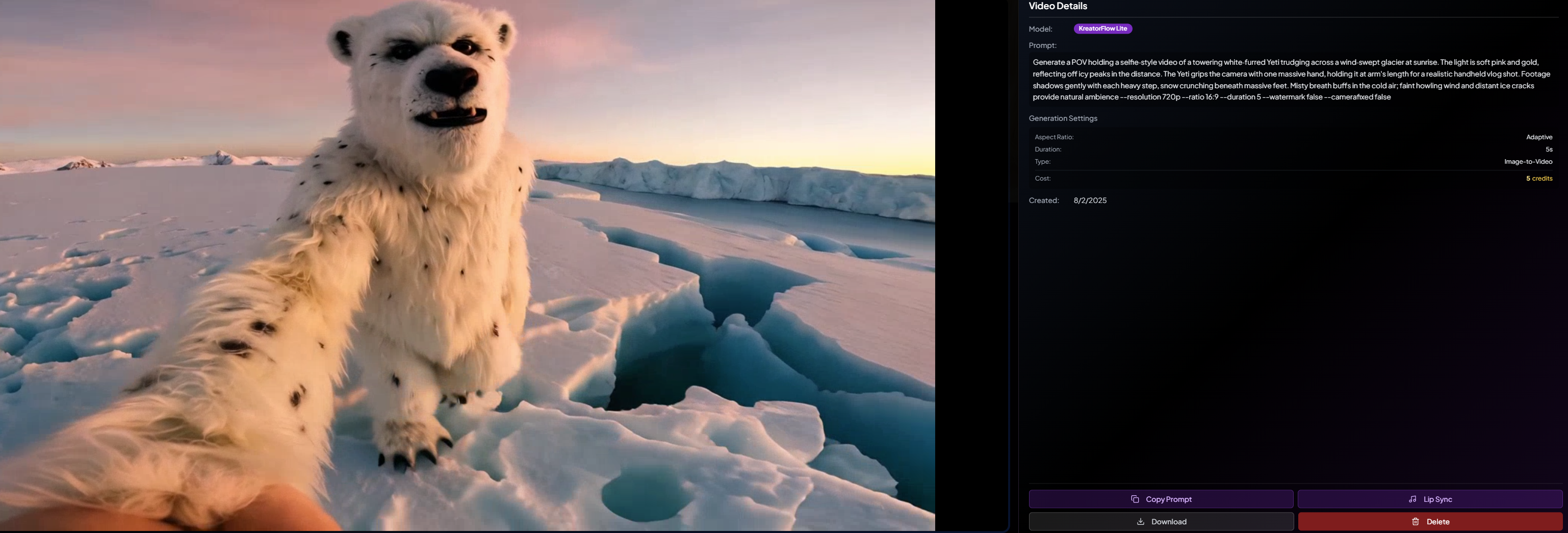 Video generation result showing the completed video after a few seconds of processing