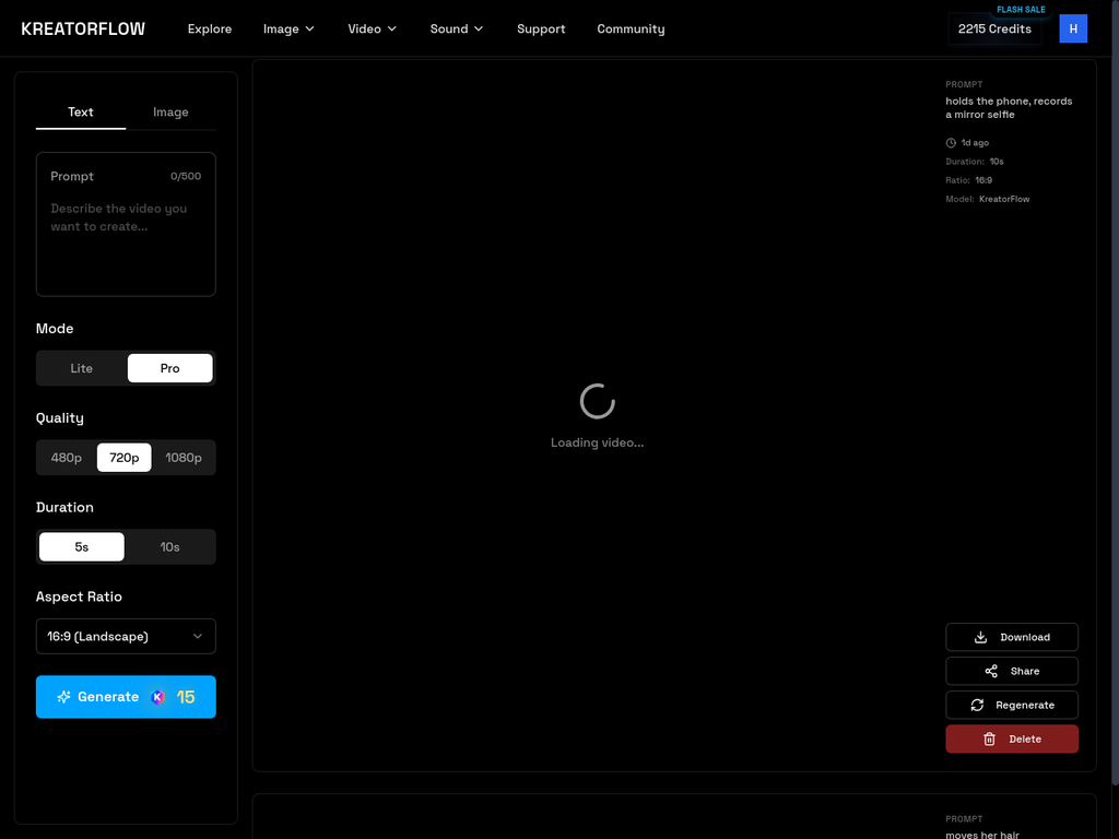Kreatorflow video generation getting started interface