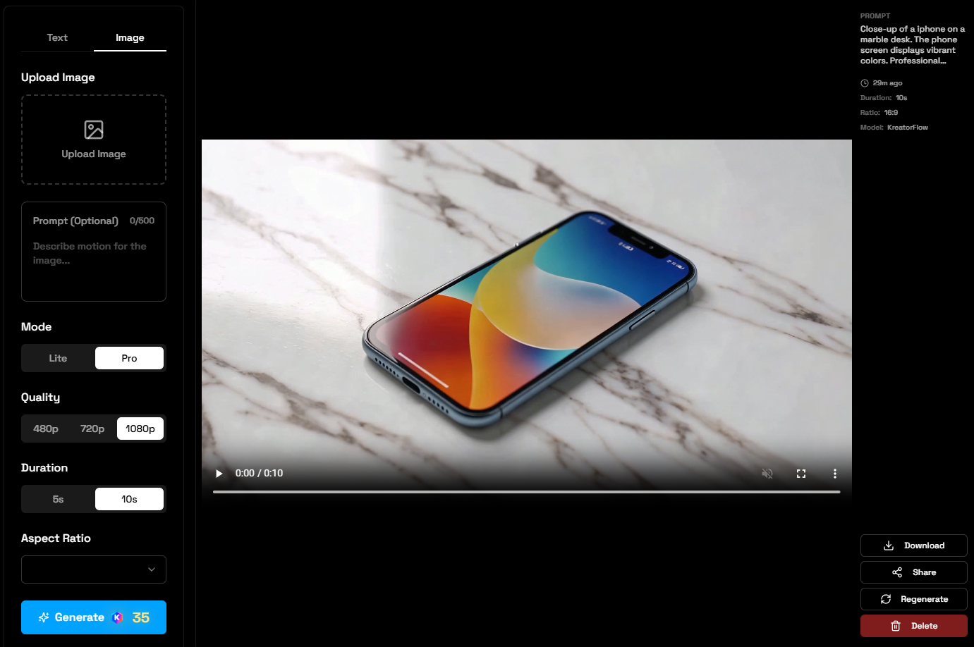 Image-to-Video interface showing image upload and motion prompt
