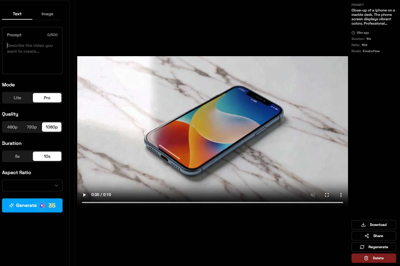 Video generation interface showing Text-to-Video mode with settings